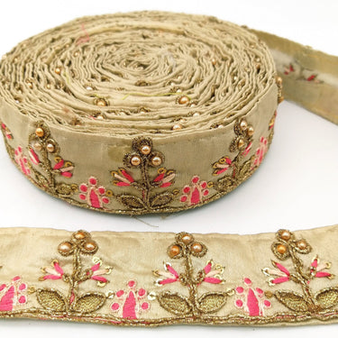 Beige Art Silk Trim In Pink And Gold Embroidery, Approx. 35mm wide, Decorative Trim